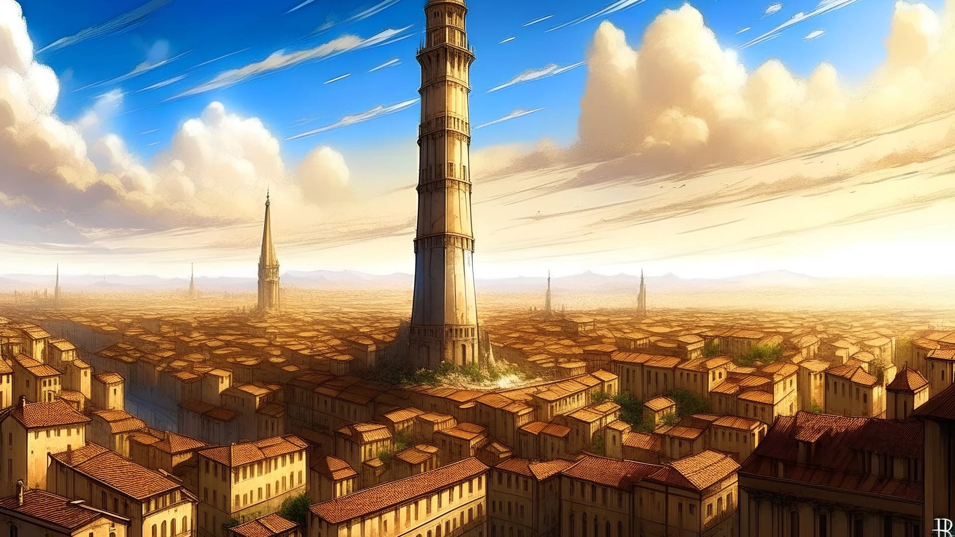 A huge tower that seems to stretch the the heavens surrounded by a medieval city