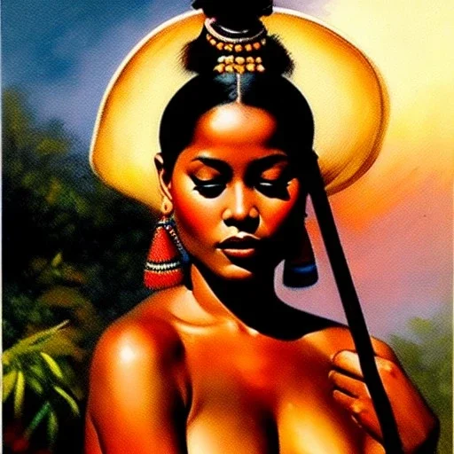 Drawing of 'Cigarette Card - Female Tribal baré',painting by Earl Norem, simon Bisley,frazetta,西嘛哒, evan lee, Vallejo,kelly oil on canvas, cinematic composition, extreme detail,fit full head inside picture,8k