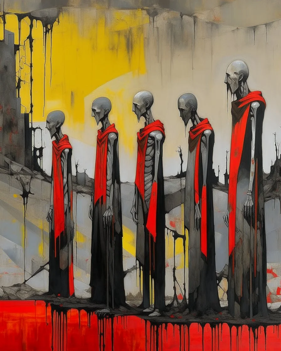 long-legged surreal lean black-grey unearthy figures with ribbon-shaped heads in overcoat, profile, semi-silhouettes among ramshackle ruins in a barren landscape of red, yellow, black and beige colors, intricate acrylic painting