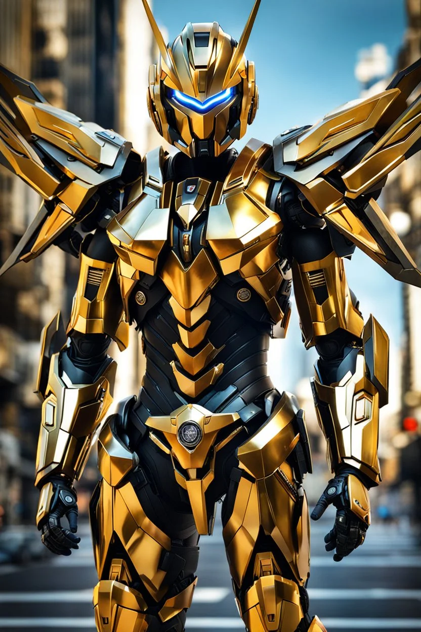 Android concept ,full body photo realistic, golden ratio, symmetric,warrior angel, mecha, transformer, metallic shiny armour , curcuits, leds, weapons on forearms, intricately detailed, ray tracing, octane render, walk on city street