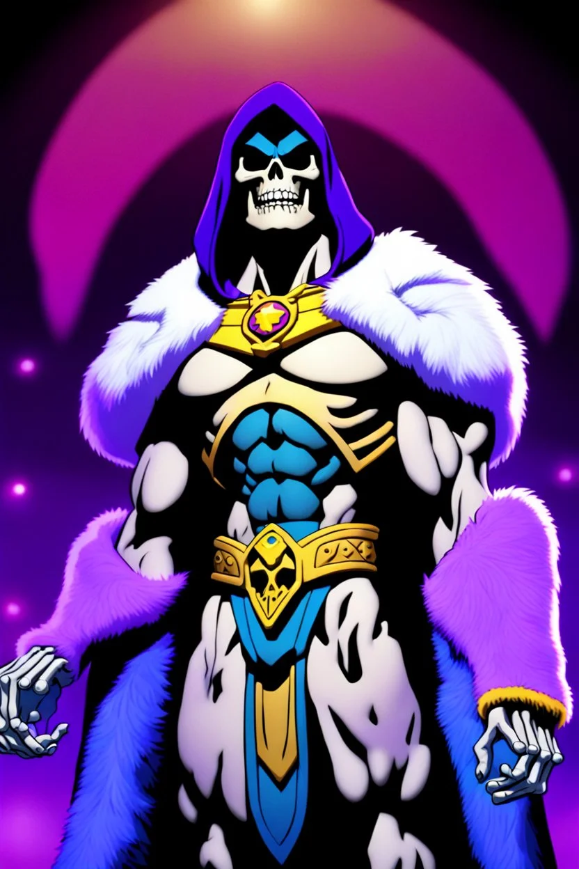 Skeletor as the first ultimate well trained god of boobs in a spotlight wearing fur