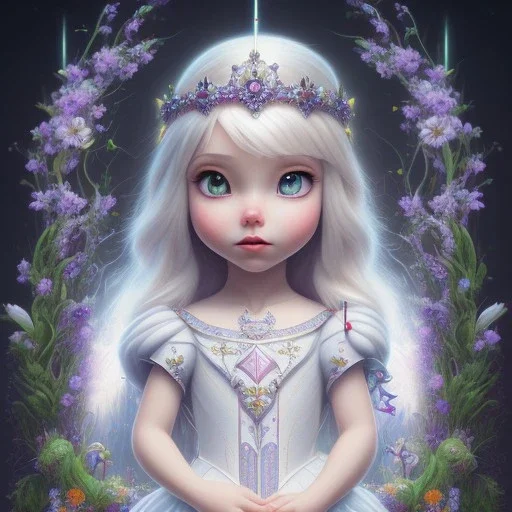 disney toddler, epic white queen, crystal clear ice, majestic, ominous, wildflowers background, intricate, masterpiece, expert, insanely detailed, 4k resolution, retroanime style, cute big circular reflective eyes, cinematic smooth, intricate detail , soft smooth lighting, soft pastel colors, painted Rena