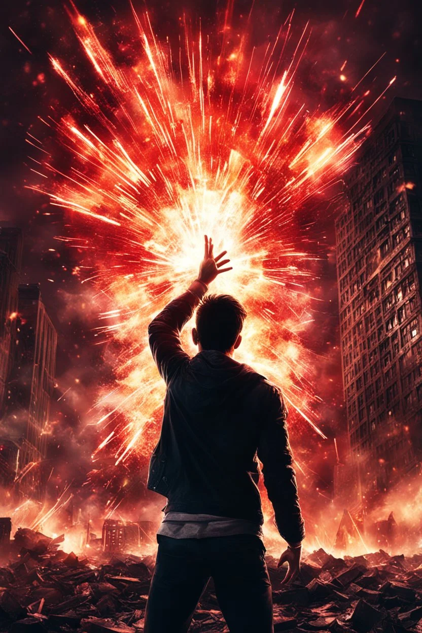 Young man standing, with arms raised, in front of an exploding building at night, with red auras around him