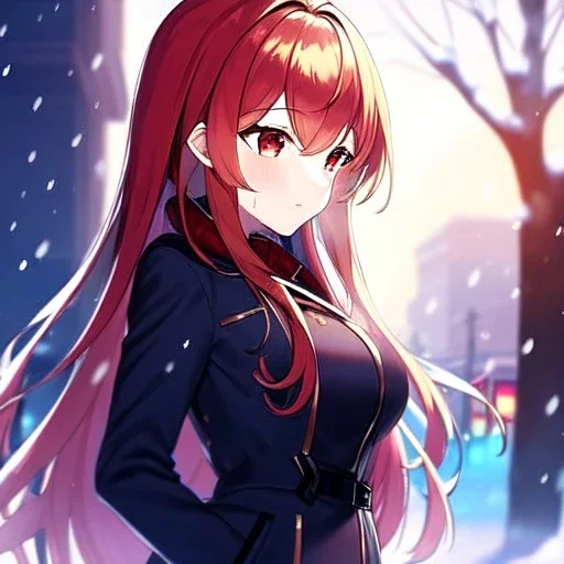 Clear focus, 8k, high quality, detailed, beautiful lighting, girl, vibrant colors, golden long hair, vibrant red eyes, it's cold, jacket, snowing,