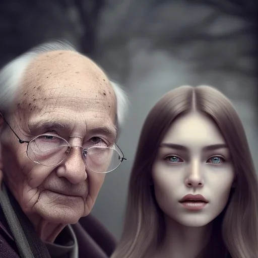 a woman sitting next to a older man, portrait, 8K, close-up face, anatomically perfect face, Highly detailed stunning full frame portrait, misty and cloudy atmosphere