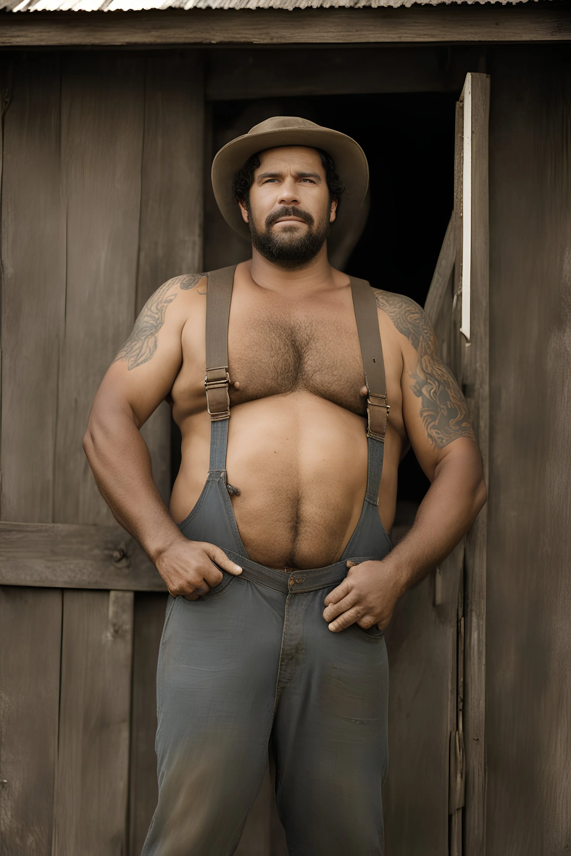 1970's half figure photography of a burly overweight muscular brazilian farmer 39 years old, sweat, short curly hair, short beard, manly chest, tattoo, hand on the fap, shirtless with dirty overalls, on the door of a large barn, under the sun