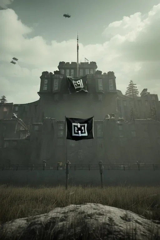 Nazi fortress with nazi party flag , ww2, plane in sky , realistic