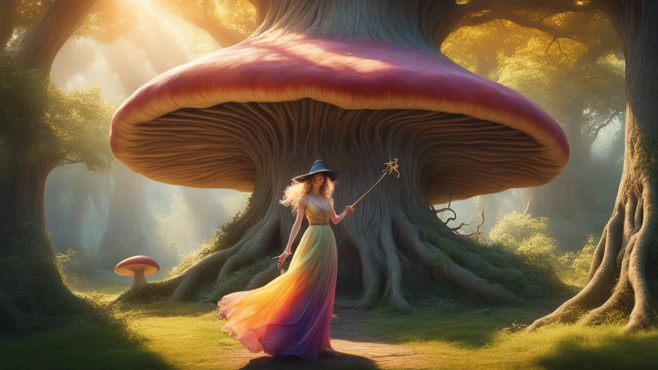 A slender, witchy woman in a flowing, colourful, wispy dress, holding a long, twisted staff, standing outside a gnarly, ancient, large mushroom house built into a tree, surrounded by lush, vibrant, Pandora-like woodland, on a bright, sunny day, with warm, golden light.