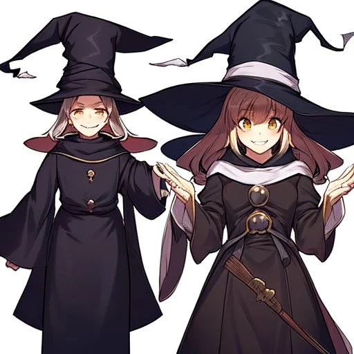 Akira Toriyama style, witch, witch hat, witch robe, expression smiling