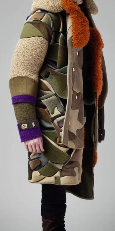 Image shows wholly a Brunette. average body type. Mantle is sewed of recycled Denim and sewed together of camouflage pieces. Camouflage colors are orange,terracotta, cream and purple. Cream latex gaiter. Big bright purple/khaki felt tippet and cream or blue or lilac colored-hood. mantle is merged with satchel. . AKG-style headphones (gold rings!) is merged with small felt cap with small visor. Style: Haute Couture in 1936, Paris fashion in 2023, inspired by street art.