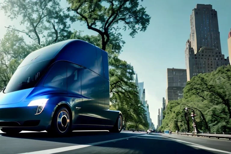 A Tesla 'Semi' (semi truck) is going at a high speed, in 'Central Park' in New York City. (CINEMATIC, WIDE ANGLE LENS, PHOTO REAL)