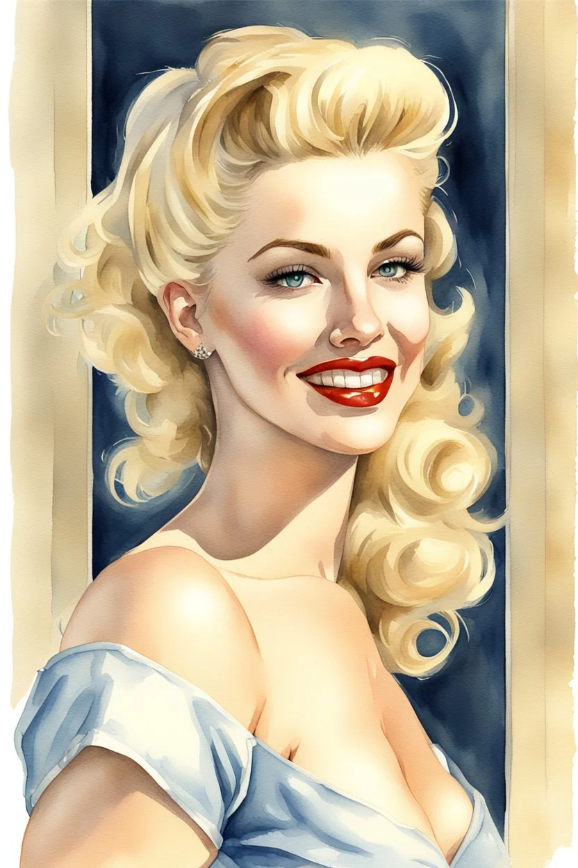 Pin-up, blonde, watercolor, fine rendering, high detail, 8K,