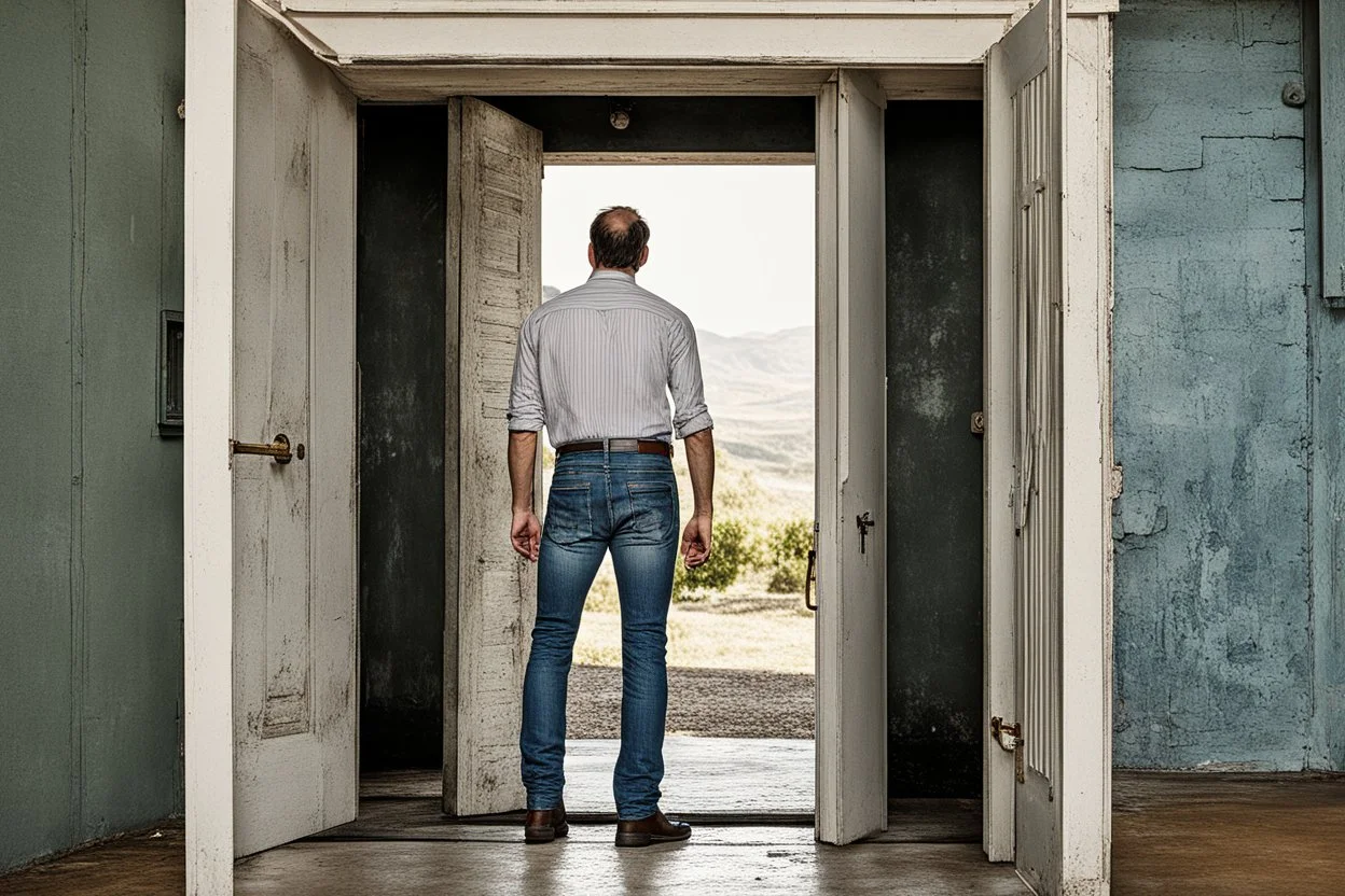 man in jeans and a shirt, back to the camera, standing in a row of doors, looking out through a doorway