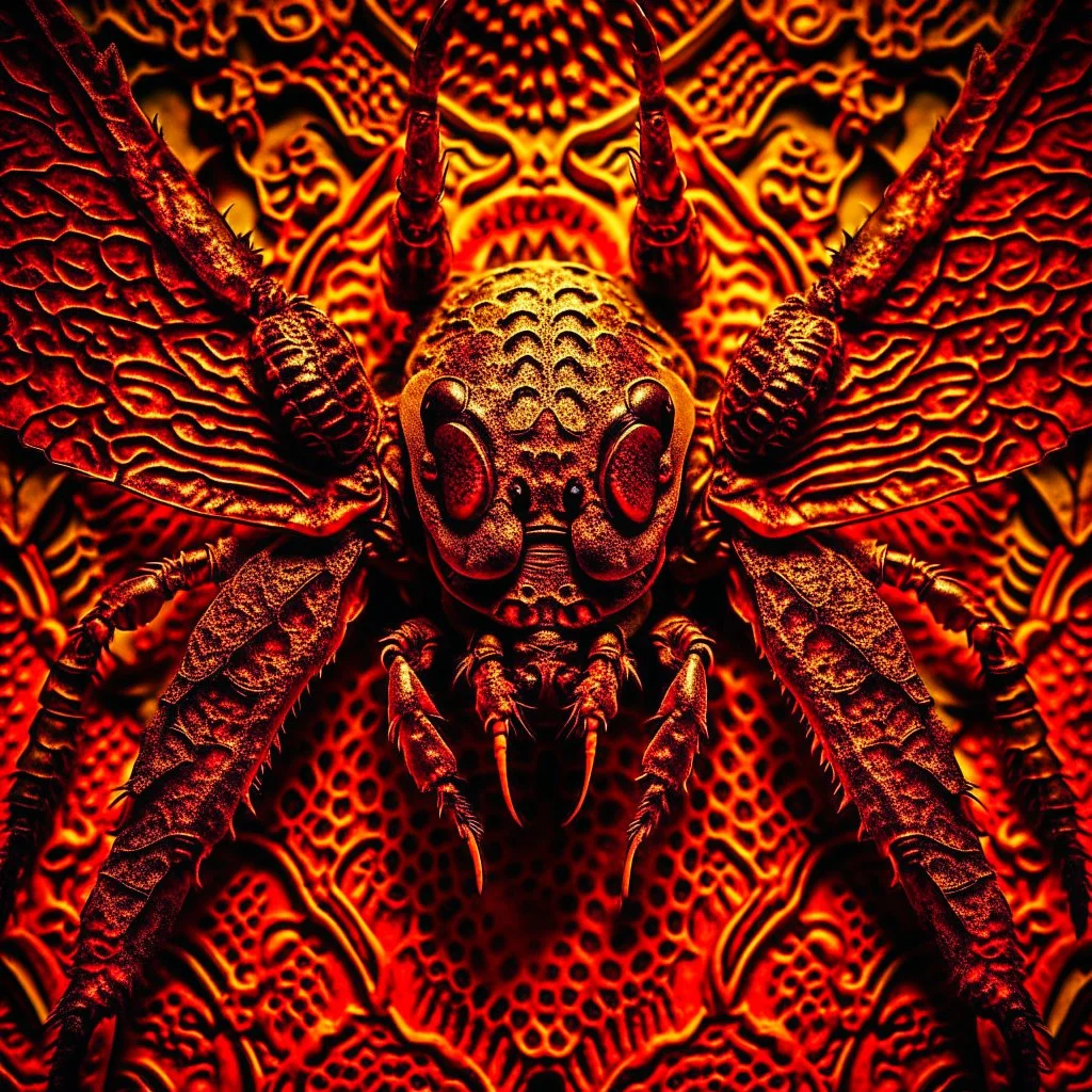 A national geographic award skin color patterned like a poisinous incect or reptile, horrorcore, science gone crazy, winning photograph of of a bat spider housefly hybrid in nature and on the hunt, 64k, reds, oranges, and yellows anatomically correct, 3d, organic surrealism, dystopian, photorealisitc, realtime, symmetrical, clean, 4 small compound eyes around two larger compound eyes, surrealism telephoto dynamic lighting 64 megapixels Unreal Engine volumetric lighting VRay