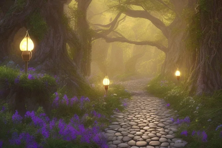  stone path lanterns forest