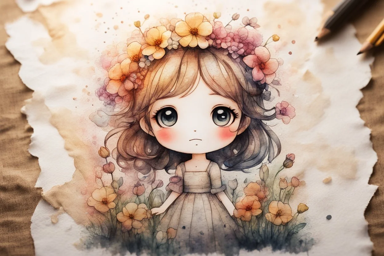 double exposure, merged layers, painted and burned burlap, cute chibi happy anime flower princess in a flowergarden, melting watercolor and black ink outlines on wet paper, soft, shading strokes, in sunshine, ethereal, otherwordly, cinematic postprocessing, bokeh, dof