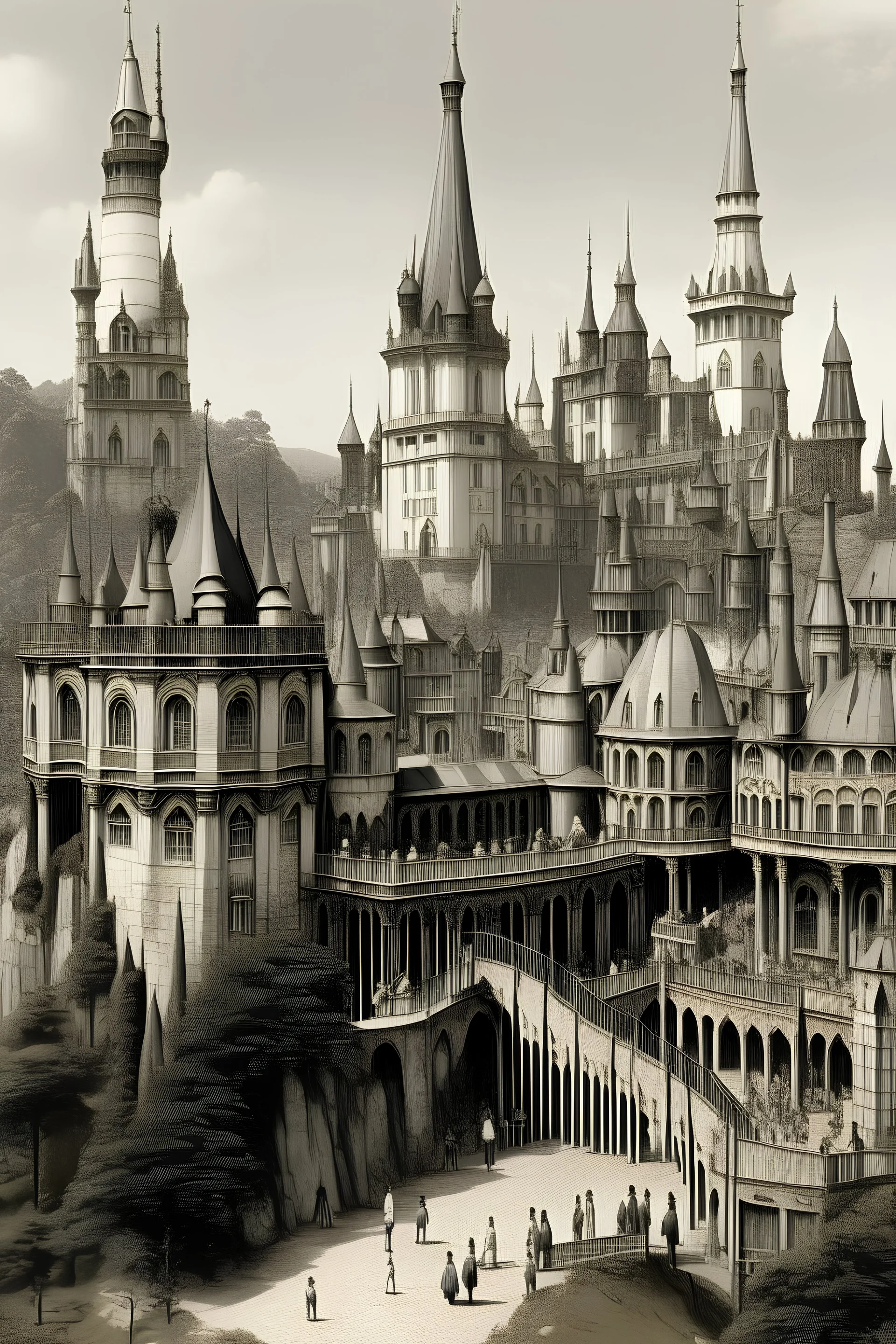 an Antebellum era photograph of an elf castle in a bustling city