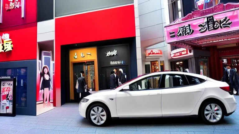 A Tesla's 'Model S Plaid' is parked, within the 'Universal Studios Japan', in Osaka. CINEMATIC. WIDE ANGLE LENS. PHOTO REAL.