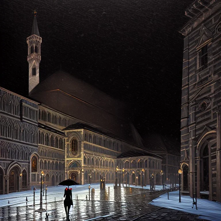 Painting of a very dark square in Florence in a stormy night. Brunelleschi cathedral in the back. Caravaggio style. A black cat is sitting in the snow.