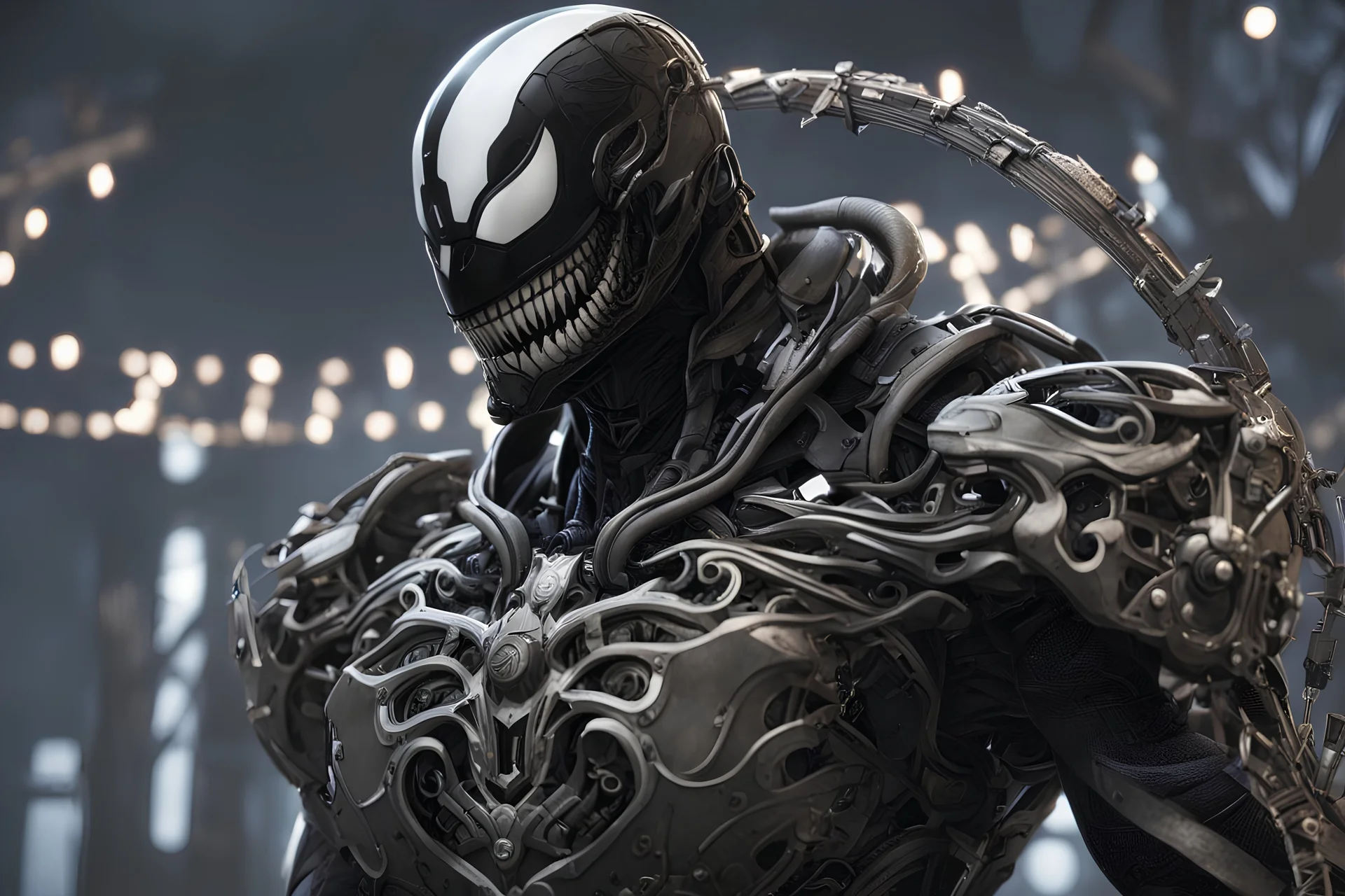 Venom machine in nier automata artstyle, halloween them, winter, close picture, fantasy world, intricate details, highly detailed, high details, detailed portrait, masterpiece,ultra detailed, ultra quality