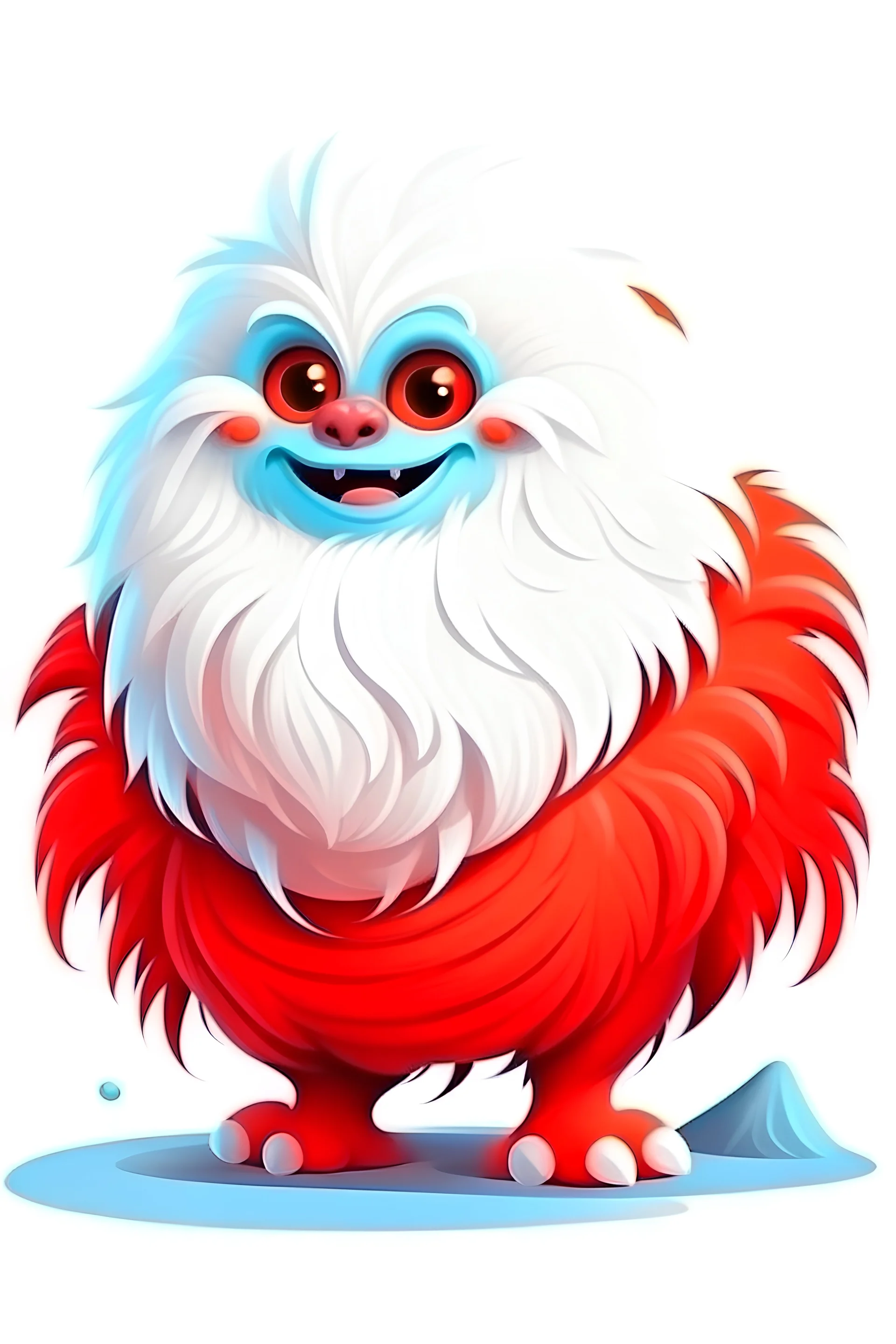 fantasy cartoon style illustration: small little cute yeti creature. Yeti has a red scarf.