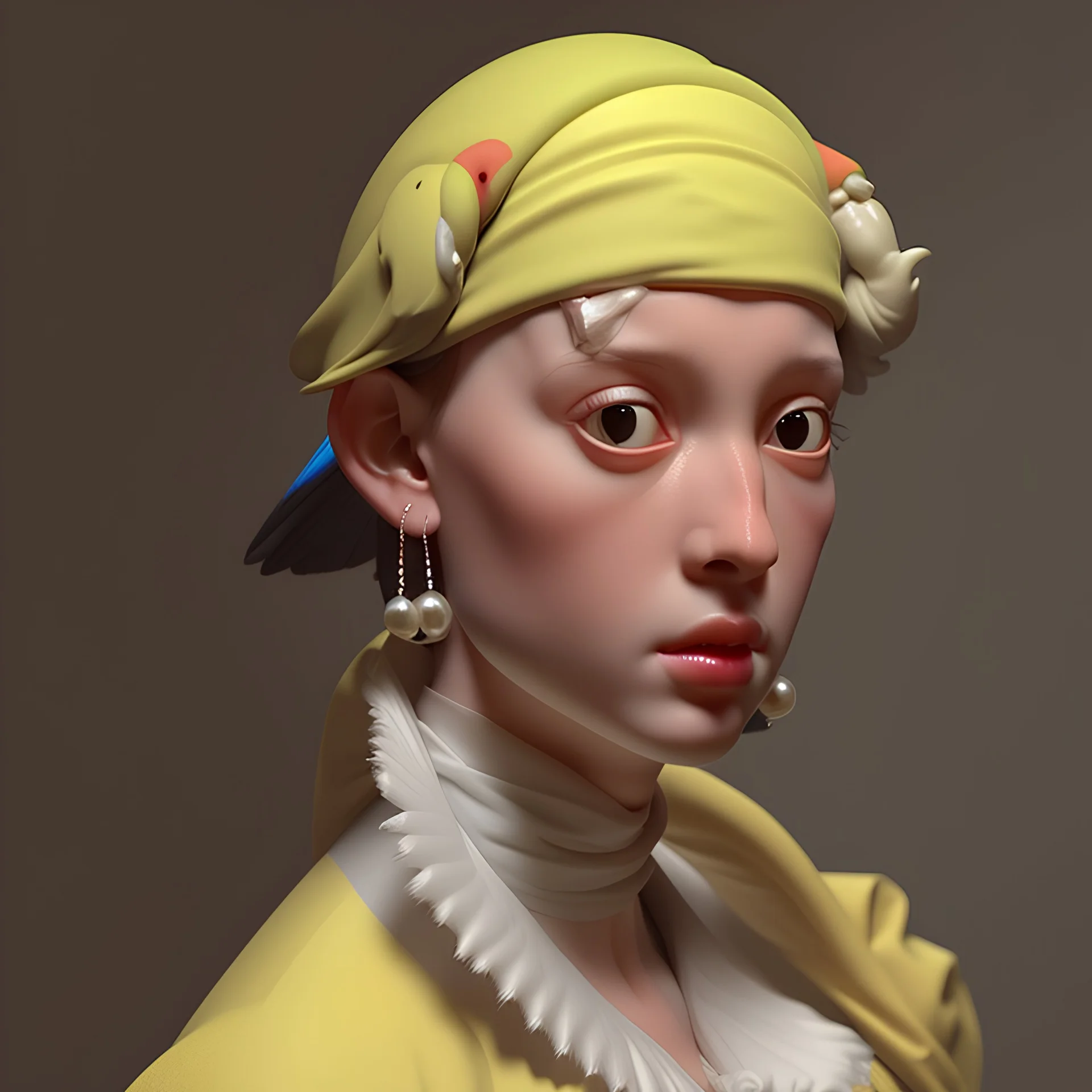 A parrot with a pearl earring, Vermeer style, 12K, high quality, HD, octane render