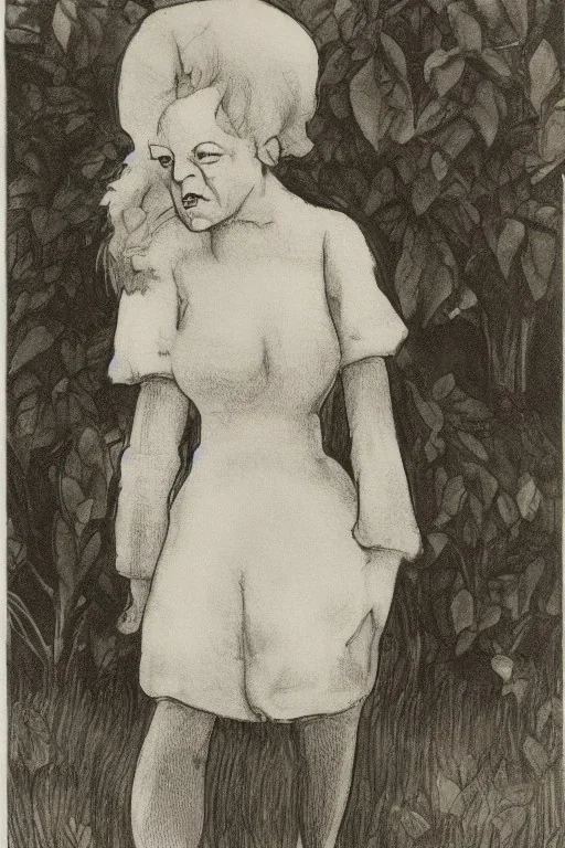 Portrait lady, full body shot, medium shot, style of Maurice sendak