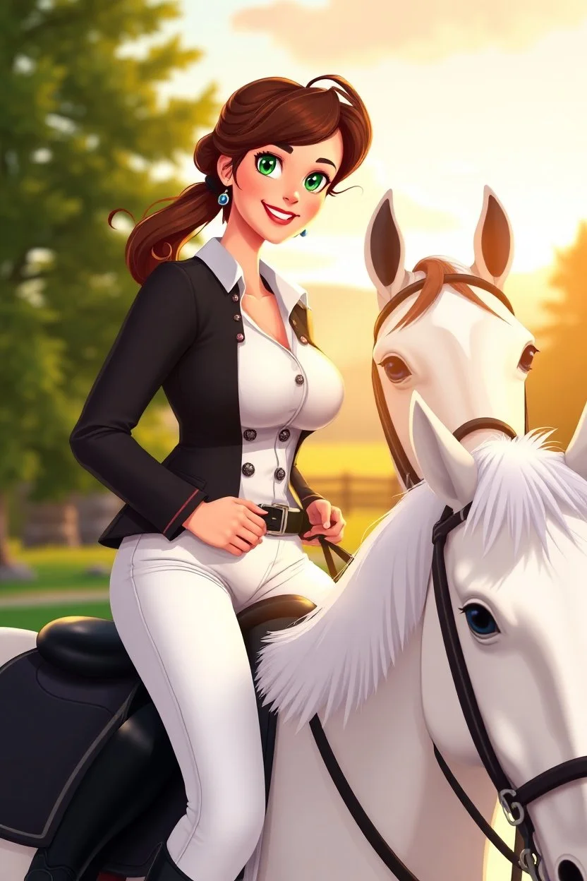 In a realistic, non-anime, Francois Walthery cartoon style: Bust shot of 30-year, bit chubby Scandinavian brunette mansion owner lady with green eyes, wearing equestrian attire with tight white pants and black or blue jacket, riding a white horse in Bavarian countryside in sunrise.