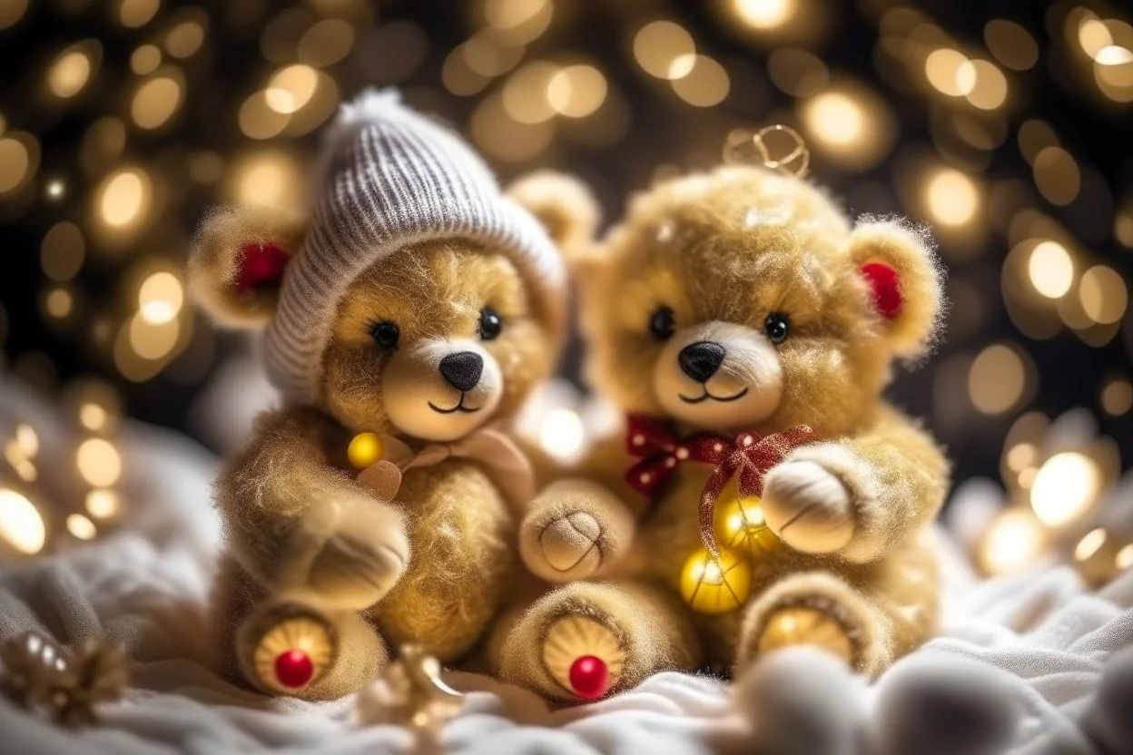 cute teddy bears holding hearts covered in sparkling gold glitter, beautiful winter composition, snowflakes, pine branches, Christmas ornaments and glowing Christmas lights