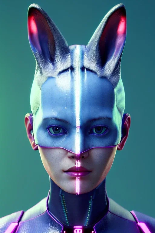 Medium Close Up Portrait, Front image. cyberpunk, rabbit mask, sweet woman, short hair. latex suit. Pink, silver, blue, color. Kenzo style. Color background, photo studio. highly detailed, concept art, smooth, unreal engine 5, ray tracing, RTX, lumen lighting, ultra detail, volumetric lighting, 3d, finely drawn, high definition, high resolution.