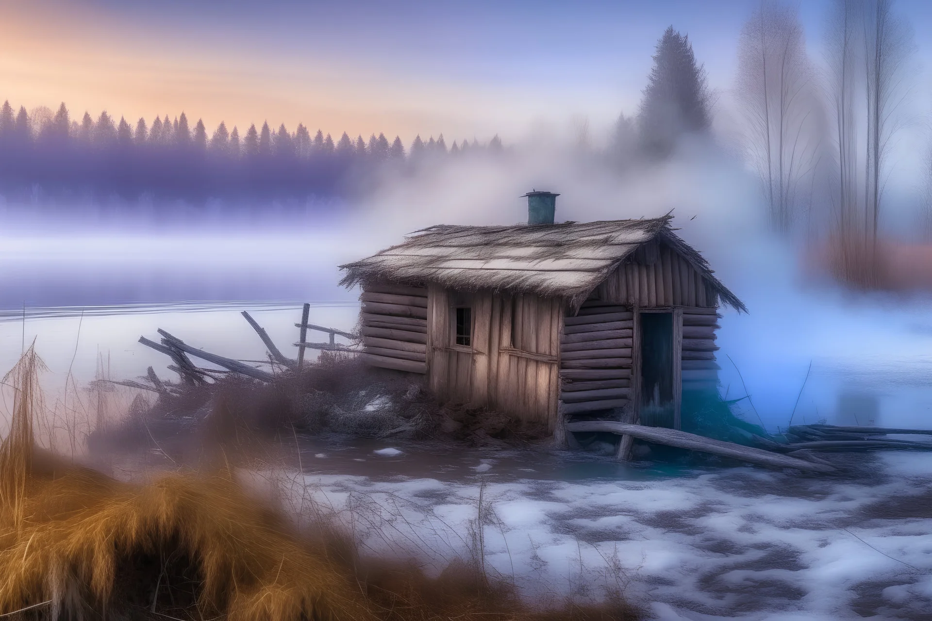 an old dilapidated hut on the lake shore, next to the forest, severe frost, frost, 4K, high resolution, high detail, 300 mm, f/10.0, 1/1600 ms, HDR+, fantasy, wide range. blue, purple, purple ochre, airy, clouds of smoke, fabulous white landscape, 3D, 16k, surrealism, detailed drawing of details, clear outline, stardust, silk threads, blue, white, lilac, neon, color illustration,, Catherine Welz Stein