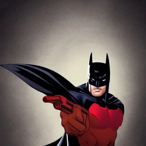 BATMAN WITH RED EYES HOLDING A PISTOL.