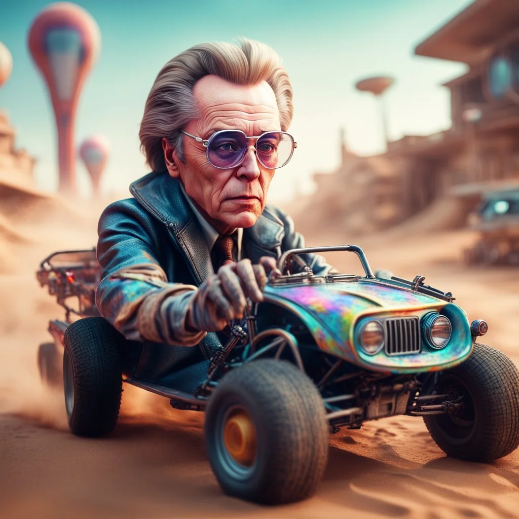 airbrush with pen outline, close up portrait of cool space pimp Christopher Walken gremlin with a psychedelic dune buggy in action scene, wearing driver gloves, wearing flip down driver glasses, in the style of a fallout 4,bokeh like f/0.8, tilt-shift lens 8k, high detail, smooth render, down-light, unreal engine, prize winning