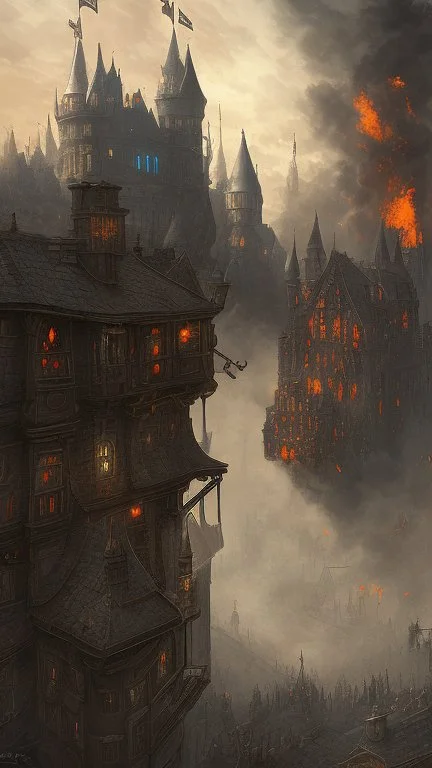 Instead of the pleasant, welcoming town you expected, you see columns of black smoke rising from burning medieval houses, running figures, and a dark, winged shape wheeling low over the keep that rises above the center of the town.