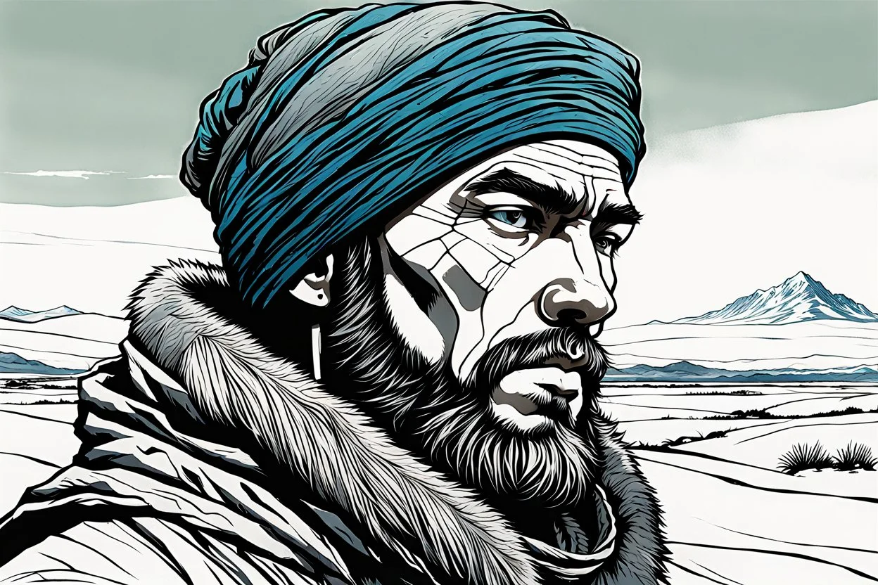 create a front facing, portrait illustration of an young, otherworldly lost Siberian nomadic wanderer with highly detailed, sharply lined and deeply weathered facial features in a desolate tundra steppe landscape in the comic art style of Enki Bilal, precisely drawn, finely lined and inked in natural winter tundra colors