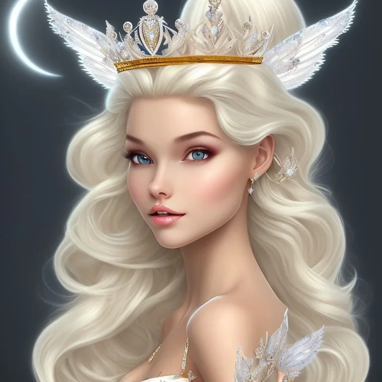 Snow white, beautiful, soft, smiling, straight and long blonde hair, dewy and shiny vibe, diamond crown, long fairy wings in the back, full head