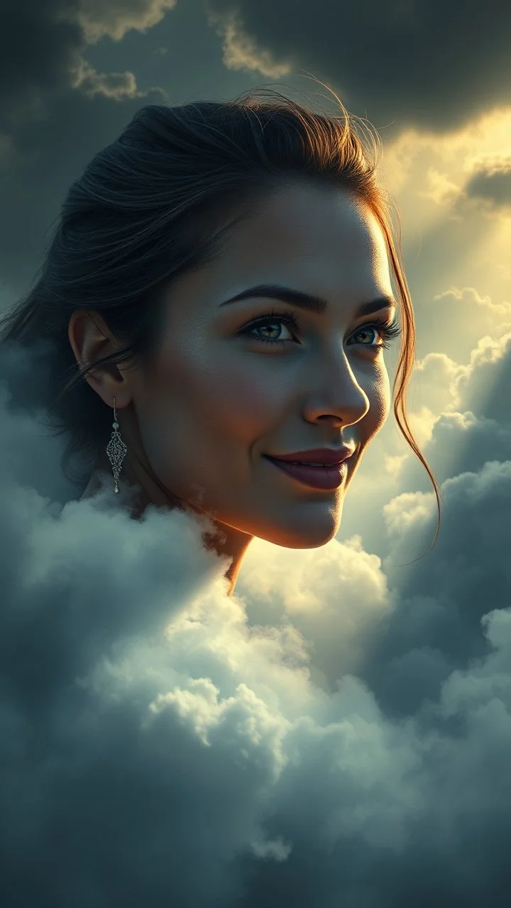 A beautiful eyes of a woman’s smiling? with a long earring above swirling clouds, emerges from the heart of a raging storm. Turbulent winds of steam swirl around the louds lit by shafts of sunlight that cast dramatic shadows on the A beautiful woman High quality 16k cinematic scene and great photography