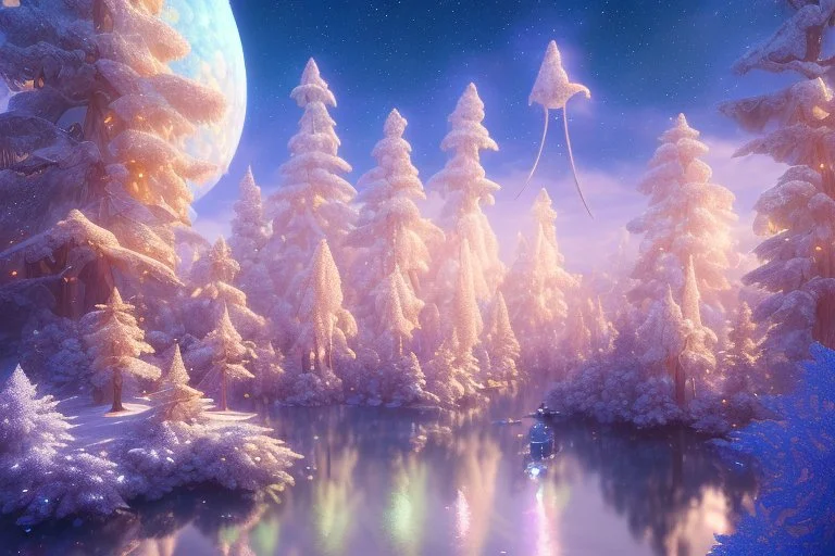 white and gold crystal cosmic and galactic ambiance river sky trees , full of details, smooth, bright sunshine，soft light atmosphere, light effect，vaporwave colorful, concept art, smooth, extremely sharp detail, finely tuned detail, ultra high definition, 8 k, unreal engine 5, ultra sharp focus