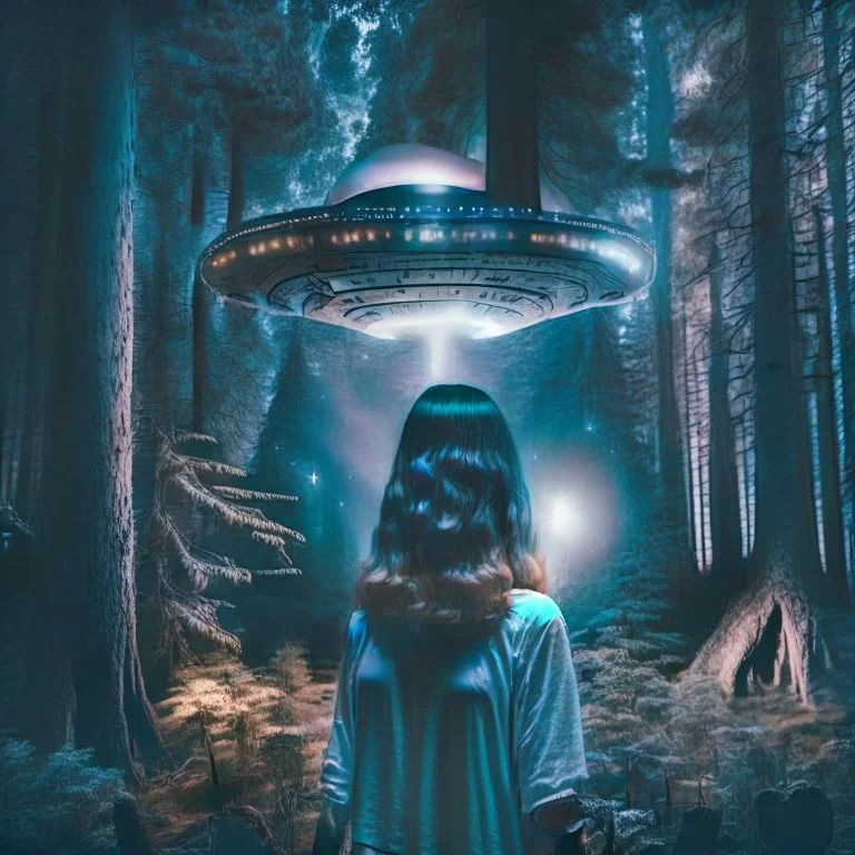 photo of a young woman in a dark forest looking at a UFO in the sky dark tones