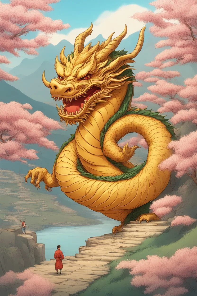 huge bitcoin stands there, a dragon around Bitcoin, Eastern people are smiling, moutains are far away, it is happy new year, we can see flowers are in full bloom