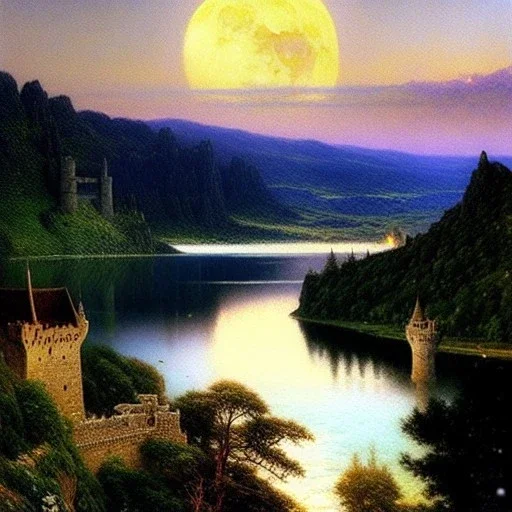 Drawing of 'Medieval Romanian Castle',mountain,lake,full moon, by gaston bussiere, greg rutkowski, yoji shinkawa, yoshitaka amano, tsutomu nihei, donato giancola, tim hildebrandt, oil on canvas, cinematic composition, extreme detail,fit full head inside picture,16k