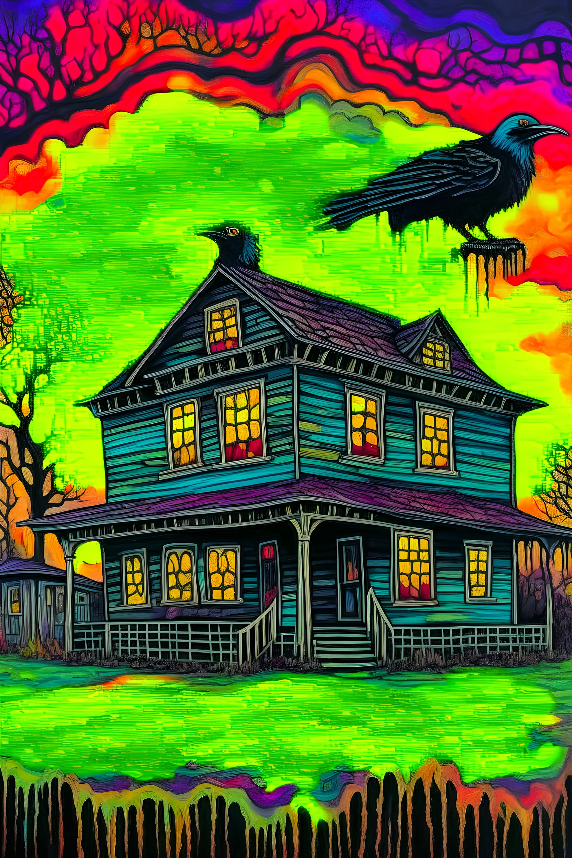 a psychedelic painting of a haunted house, a crow in the foreground