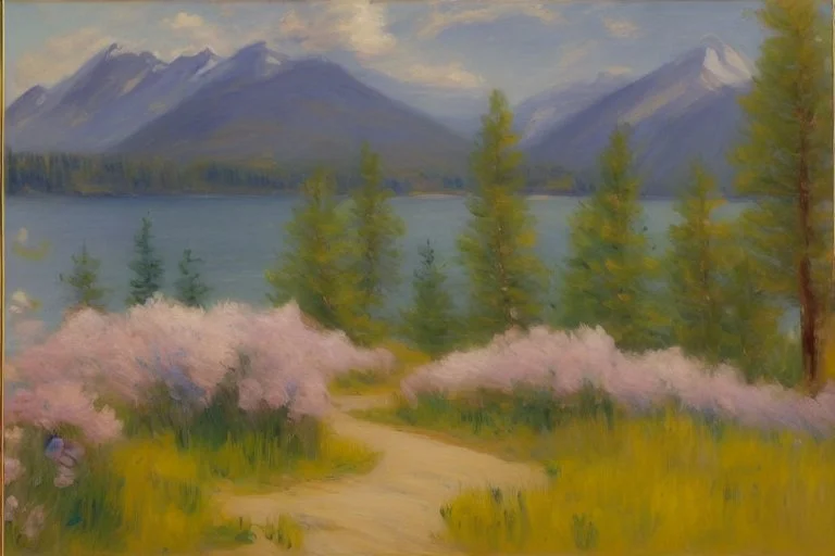 Mountains, lake, flowers, pathway, pine trees, clouds, philip wilson steer impressionism painting