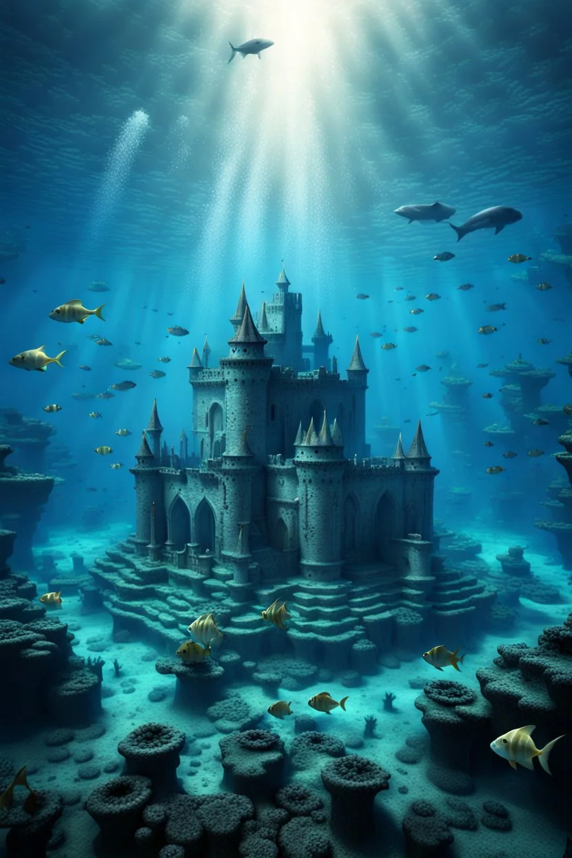 an ancient weird ruins castle from atlantis in the middle of the ocean surrounded by fish, digital fantasy art, in deep sea water, it is an stunning etheral old place, an ecological gothic scene, underwater photograph, reconstruction, stunning ruins, flooded monuments, high detalies, sharp focus, realistic