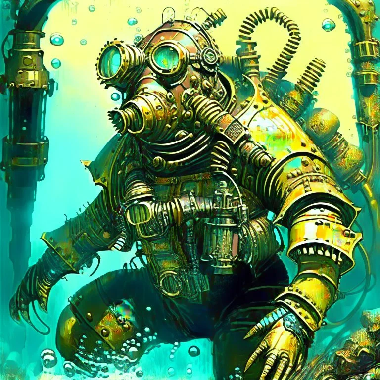 90's retro scifi art of a steampunk diver with big armor