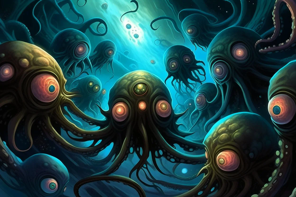 View into an event horizon in space with many enormous strange tentacled creatures with huge eyes and mouths flying around