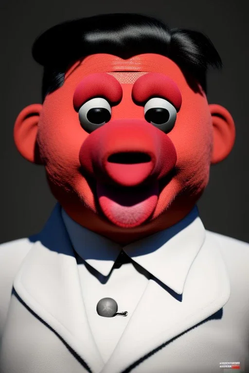 Waist up muppet Portrait, Kim Jong-un muppet doll, black suit, photo studio, red background, unreal engine 5, concept art, art station, ray tracing, lumen lighting, ultra detail, volumetric lighting, 3d.