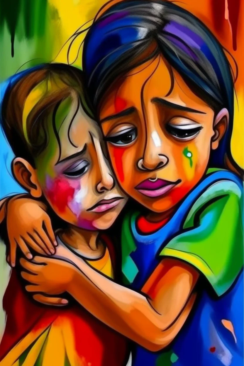a girl hug her brother and both crying sadly, expressionism, Pixar style, in abstract art Basquiat, Picasso, Miro, Kandinsky, Klee, Birell, Fairey, Ardon, Buffet and Picasso style, HD --s 750 --v 5.1 --style raw, water color