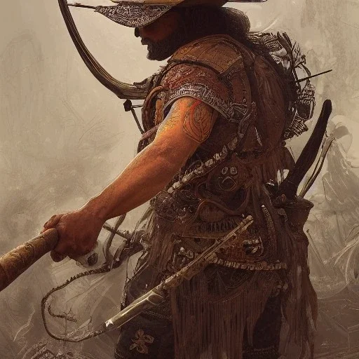 Insanely detailed photograph of an “ a mustachioed cowboy warrior ” with detailed Sombrero, intricate charo,cigar,crossbow in hand, hyperdetailed painting by Ismail Inceoglu Huang Guangjian and Dan Witz CGSociety ZBrush Central fantasy art album cover art,8K, hdr, mysterious, flickeringlights ,Stoic