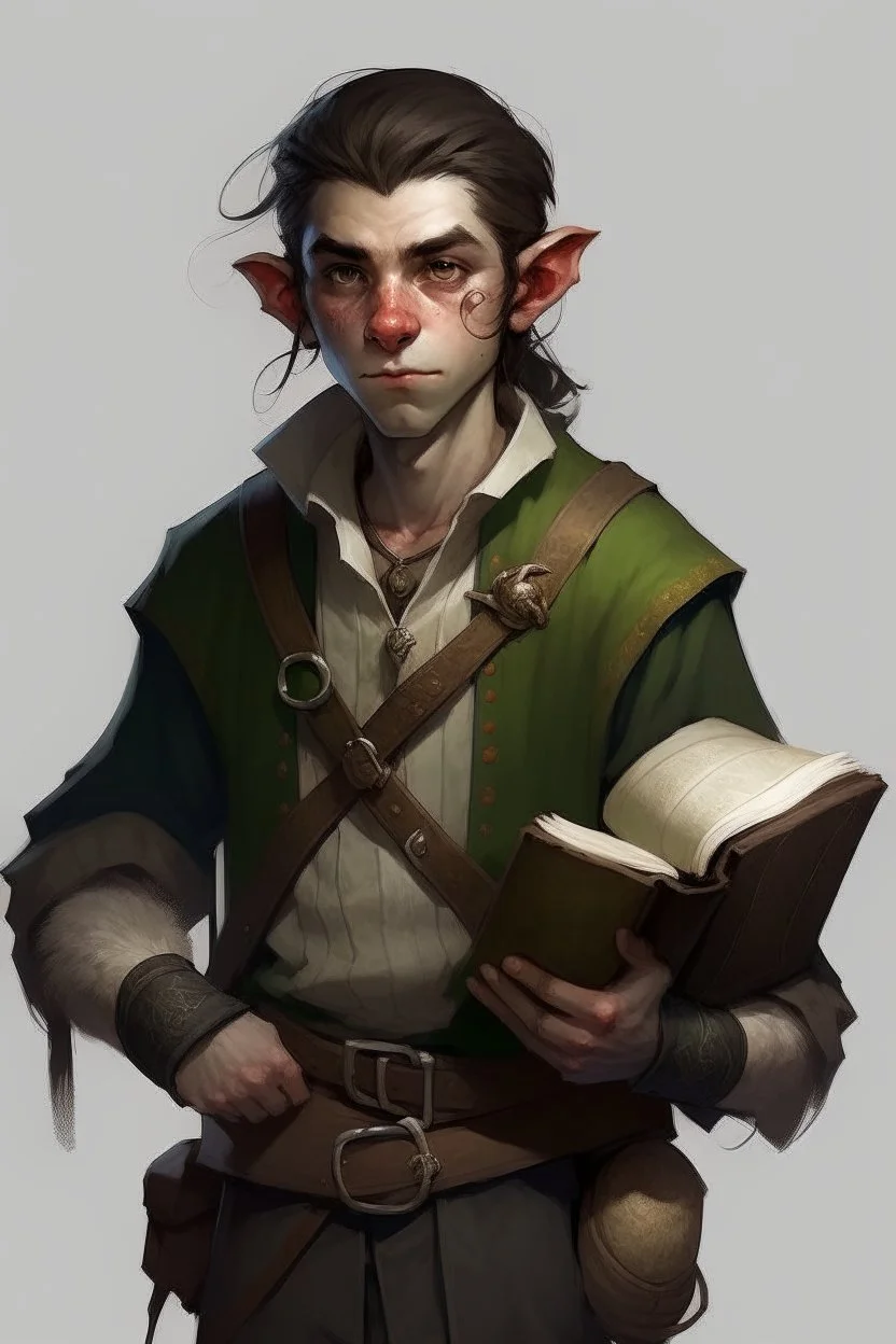 Dungeons and Dragons half-orc teenager. He is sixteen. He is a rogue he is gentle and kind. Tall and skinny. He is handsome. He is lanky. He carries around a book and a pet mouse, Mysterious, short hair